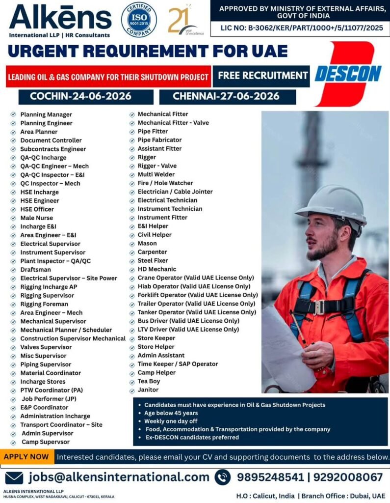 UAE Shutdown Project Jobs 2026 – Descon Oil & Gas Shutdown Recruitment | Free Recruitment