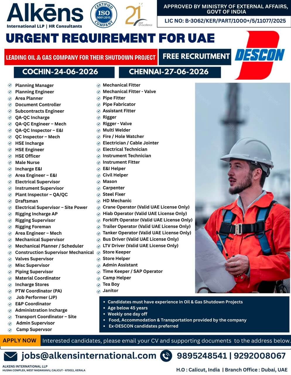 UAE Shutdown Project Jobs 2026 – Descon Oil & Gas Shutdown Recruitment | Free Recruitment