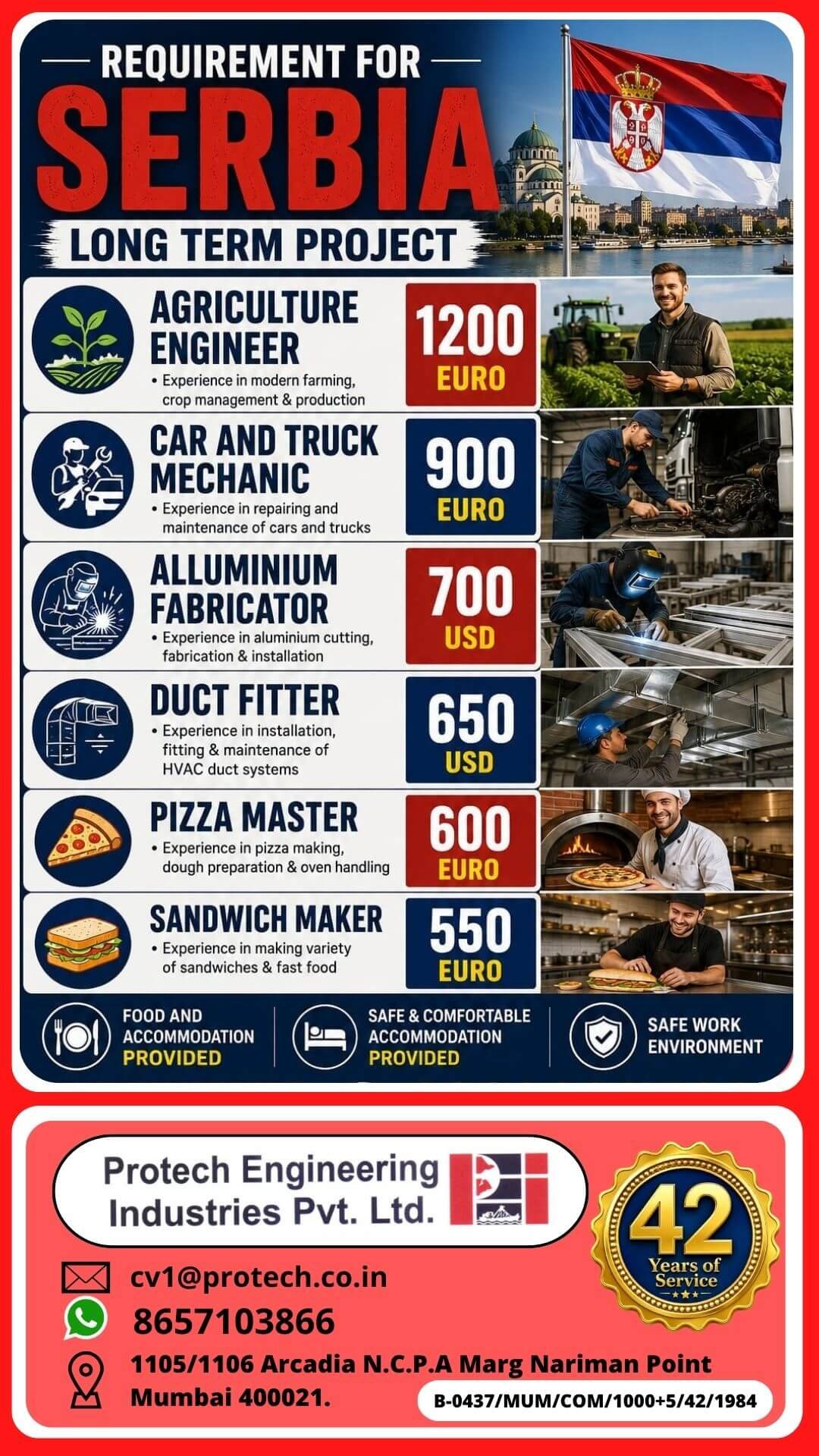Serbia Long-Term Project Jobs 2025 – Agriculture Engineer, Mechanic, Fabricator, Duct Fitter, Pizza Master & Sandwich Maker