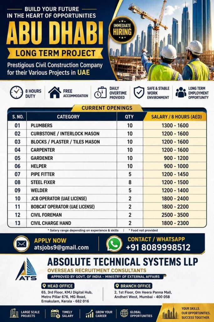 Abu Dhabi Civil Construction Jobs 2026 – Long Term UAE Project Hiring Abu Dhabi Civil Construction Jobs 2026 – Long Term UAE Project Hiring
