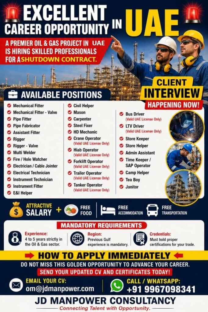 UAE Jobs 2026 – Recruitment For A premier Oil & Gas Project