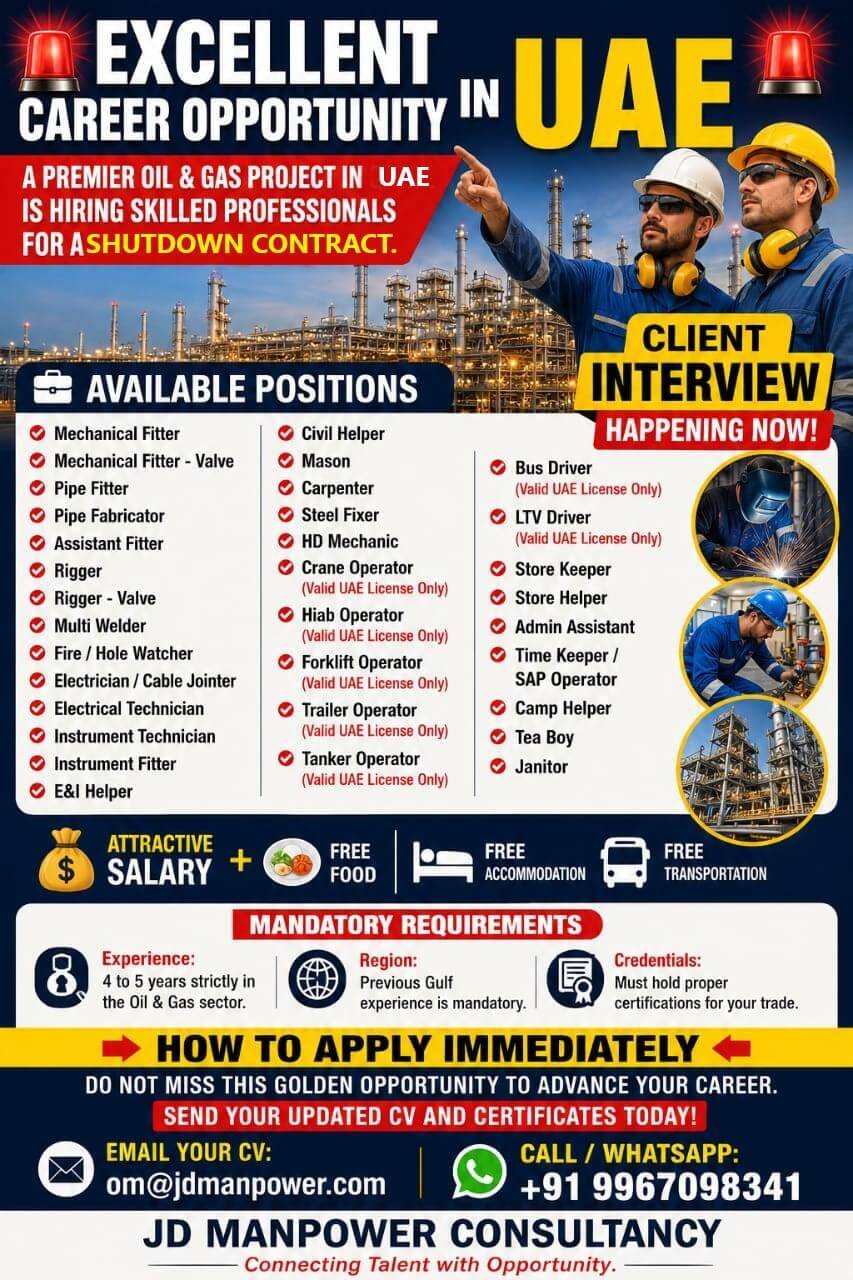 UAE Jobs 2026 – Recruitment For A premier Oil & Gas Project