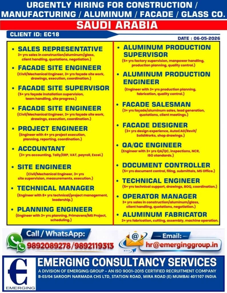 Saudi Arabia Construction & Aluminum Company Jobs 2026 – Urgent Hiring for Engineers, Supervisors, Designers & Fabricators