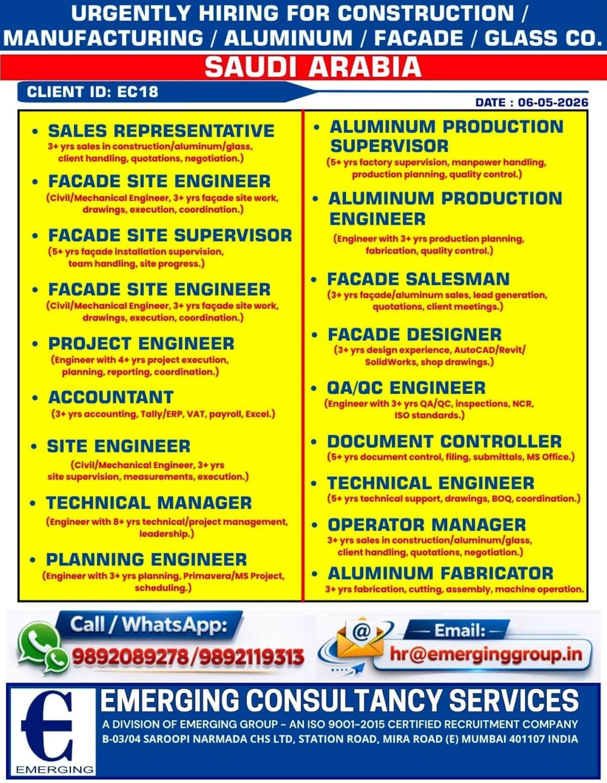 Saudi Arabia Construction & Aluminum Company Jobs 2026 – Urgent Hiring for Engineers, Supervisors, Designers & Fabricators