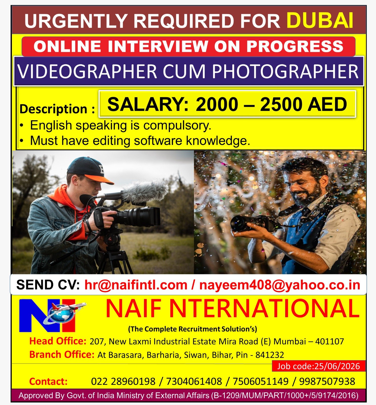 Dubai Videographer & Photographer Jobs 2026 – Online Interview | Salary Up to AED 2,500