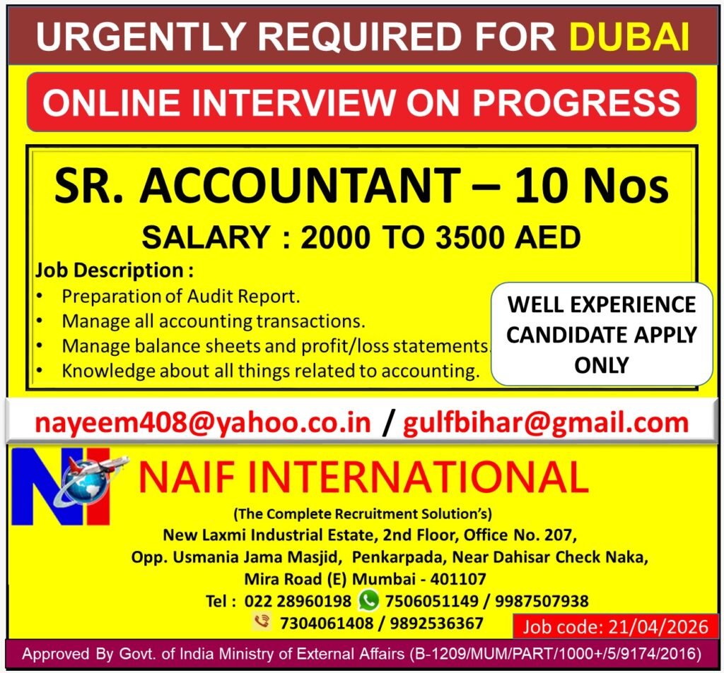 Dubai Senior Accountant Jobs 2026 – Online Interview | Salary Up to 3,500 AED