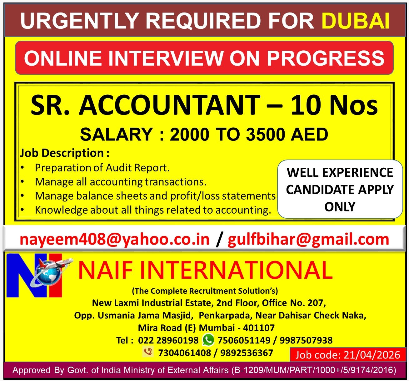 Dubai Senior Accountant Jobs 2026 – Online Interview | Salary Up to 3,500 AED