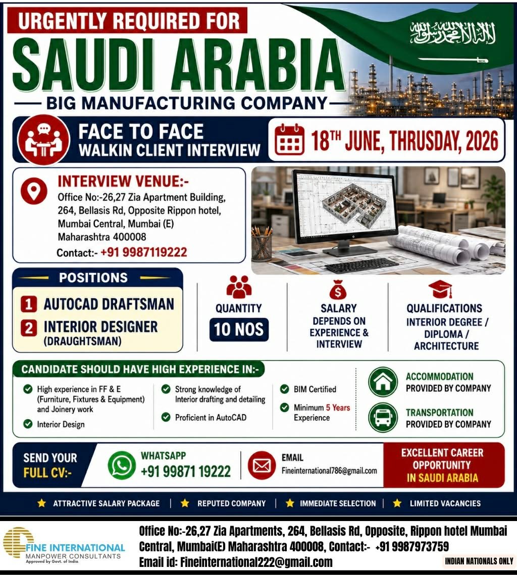 Saudi Arabia AutoCAD Draftsman & Interior Designer Jobs 2026 – Walk-In Client Interview in Mumbai