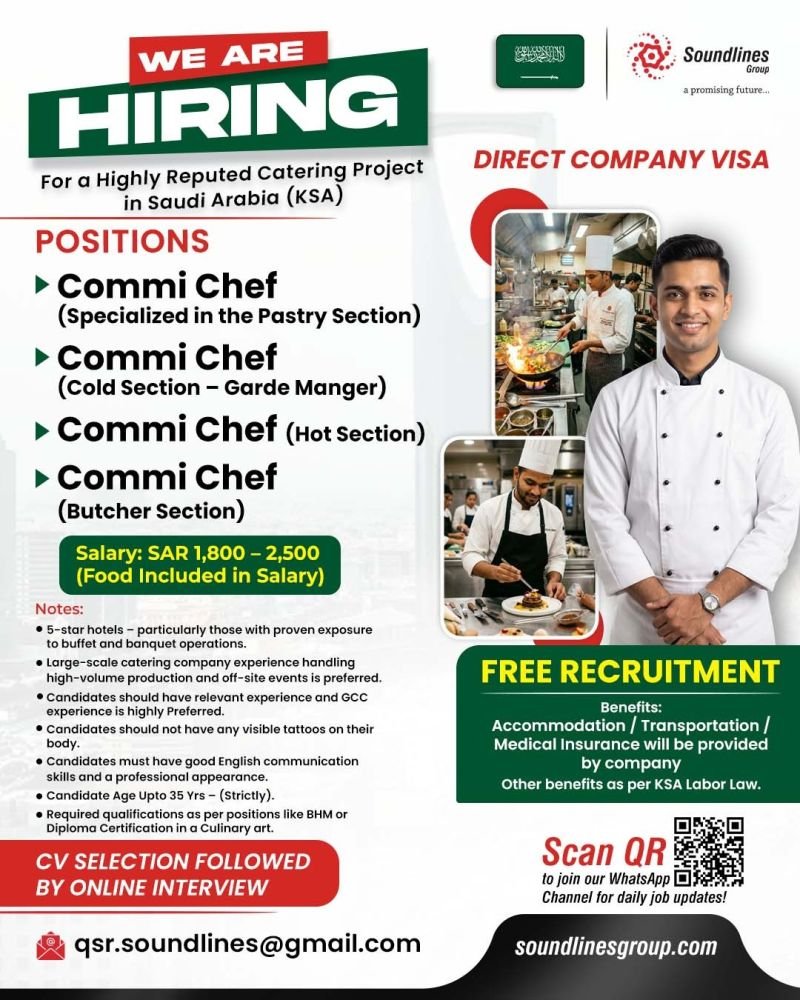 Hiring For a Highly Reputed Catering Project in Saudi Arabia (KSA)