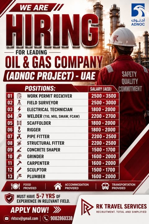UAE Jobs 2026 – Oil & Gas Company Hiring for Technicians, Welders, Fitters, Scaffolders and More