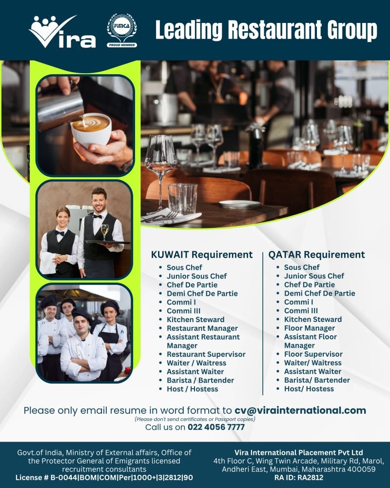 Urgent Hiring For A leading restaurant group is hiring for multiple roles in Kuwait and Qatar