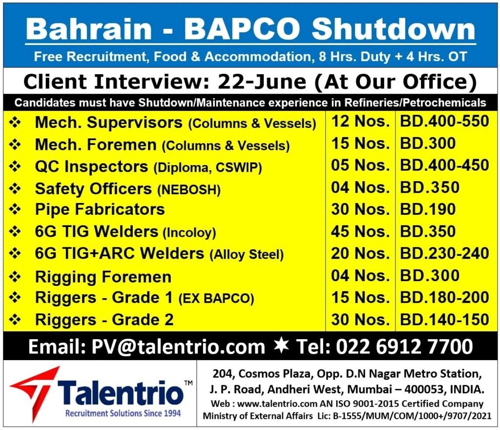 Bahrain BAPCO Shutdown Jobs 2026 – Free Recruitment 