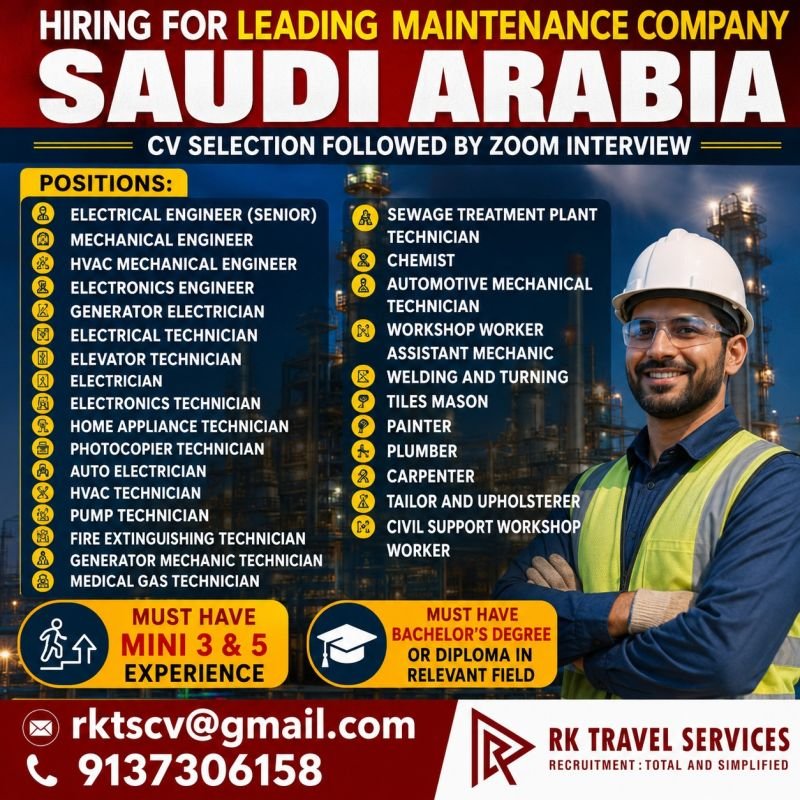 Saudi Arabia Maintenance Company Jobs 2026 – Hiring Engineers, Technicians, Electricians, Plumbers and Skilled Workers
