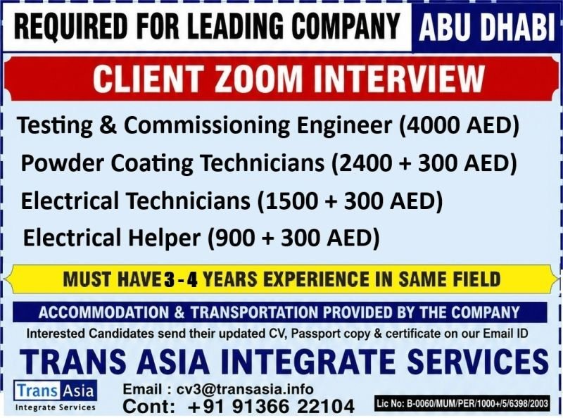 Abu Dhabi Jobs 2026 – Client Zoom Interview for Engineers, Technicians and Helpers