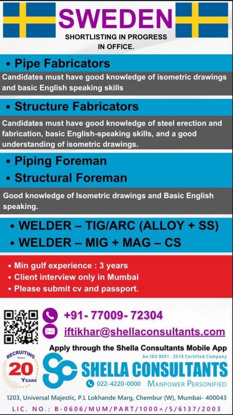 Sweden Jobs 2026 – Hiring Pipe Fabricators, Structure Fabricators, Foremen and Welders