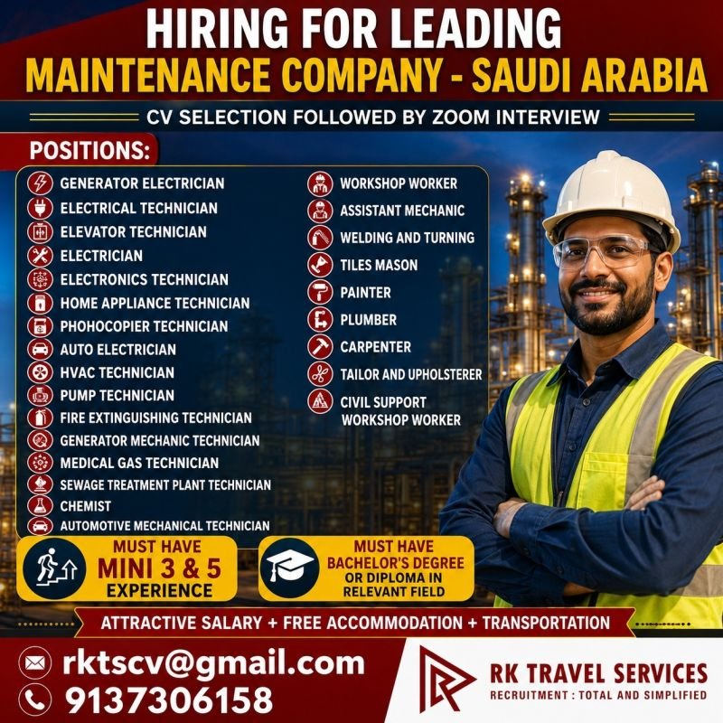 Saudi Arabia Maintenance Company Jobs 2026 – Multiple Technical Vacancies with Zoom Interview