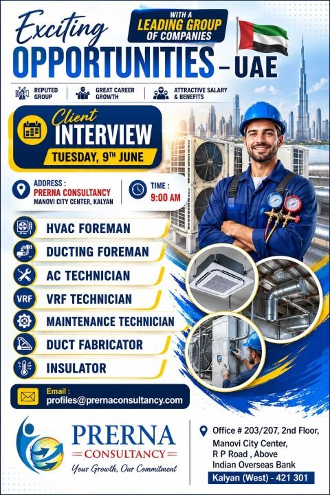 HVAC Jobs in UAE 2026 – Client Interview for Foreman, Technician, Duct Fabricator and Insulator Positions
