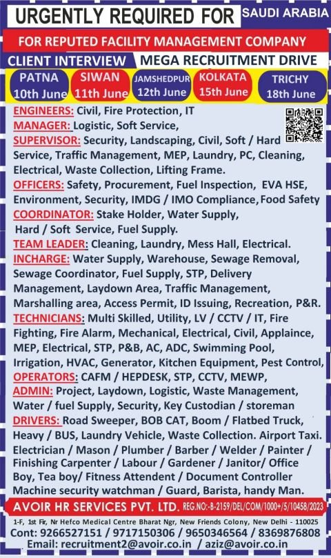 Saudi Arabia Facility Management Jobs 2026 – Mega Recruitment Drive for Engineers, Supervisors, Technicians, Operators, Drivers and Administrative Staff