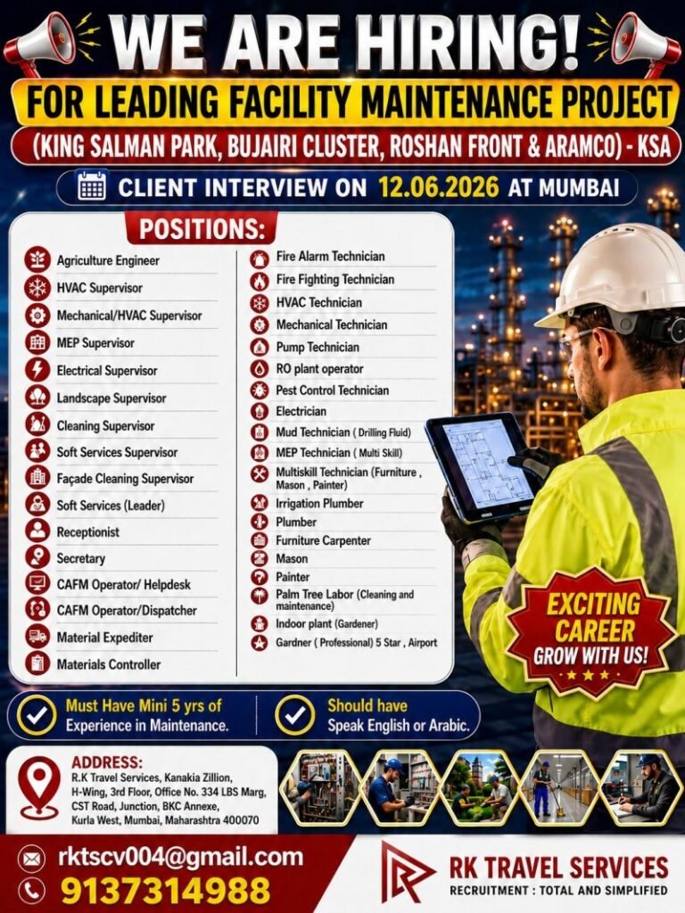 Saudi Arabia Facility Maintenance Jobs 2026 – Client Interview for Leading KSA Projects