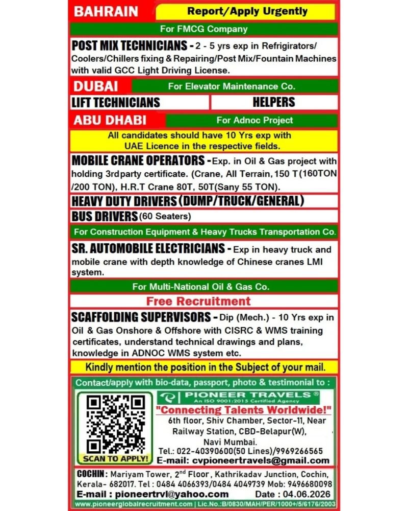 Urgent Hiring For Bahrain & UAE