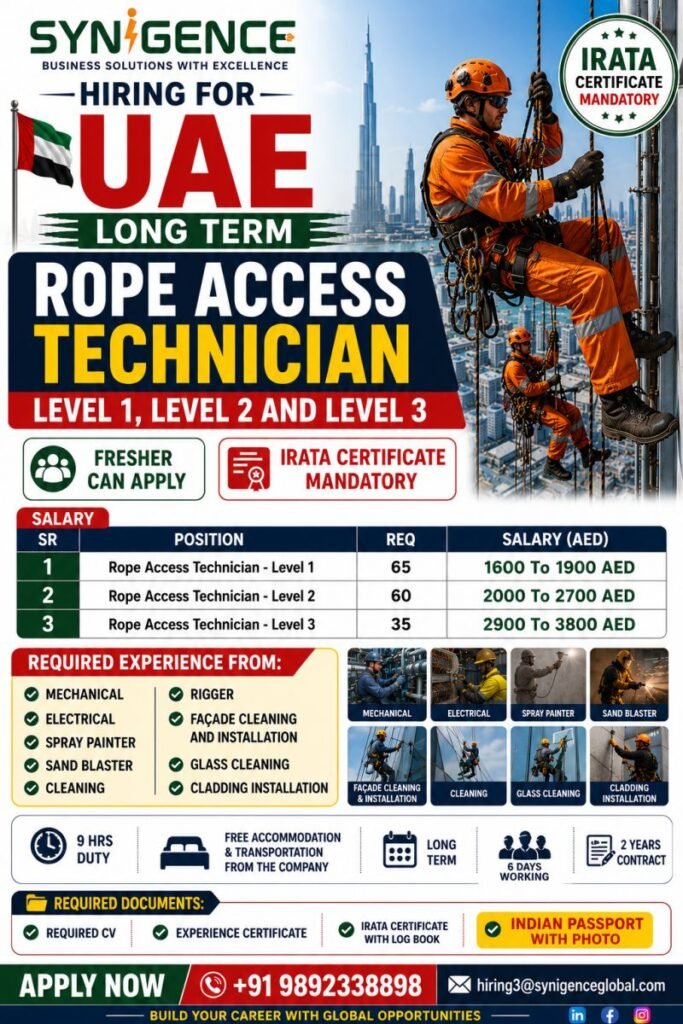 Urgent Hiring For Rope Access Technicians (Level 1 / Level 2 / Level 3) | UAE