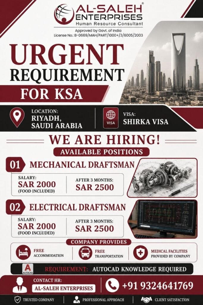hiring for Mechanical Draftsman & Electrical Draftsman positions in Riyadh, Saudi Arabia.