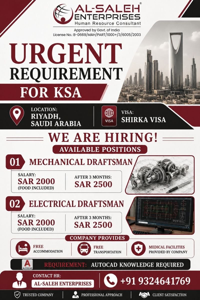 hiring for Mechanical Draftsman & Electrical Draftsman positions in Riyadh, Saudi Arabia.