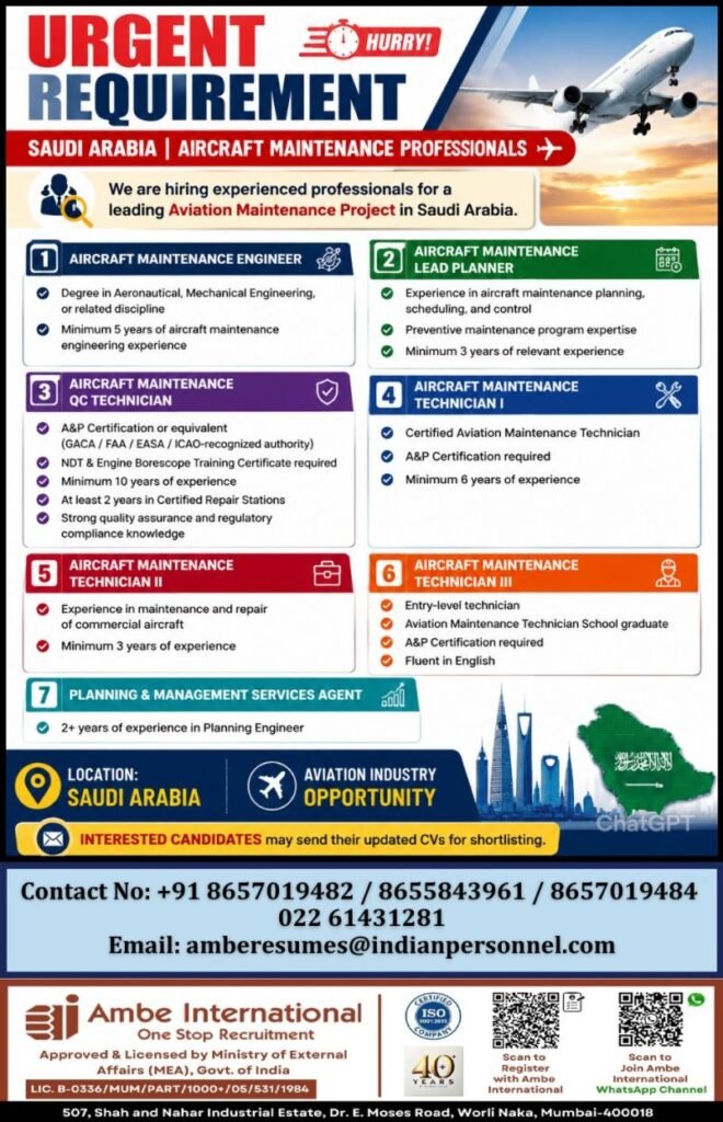 Aircraft Maintenance Jobs in Saudi Arabia 2026 – Multiple Aviation Vacancies Open Aircraft Maintenance Jobs in Saudi Arabia 2026 – Multiple Aviation Vacancies Open