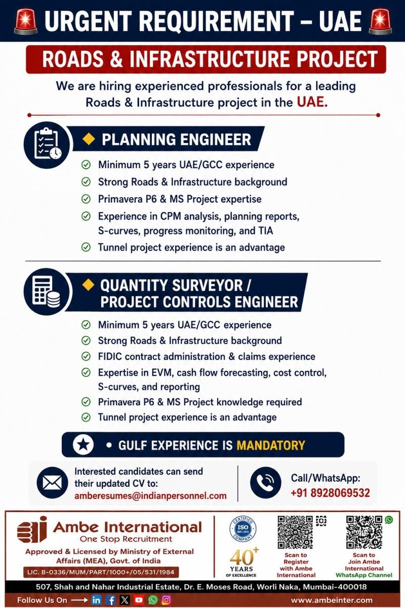 Urgent Hiring for UAE – Roads & Infrastructure Project 