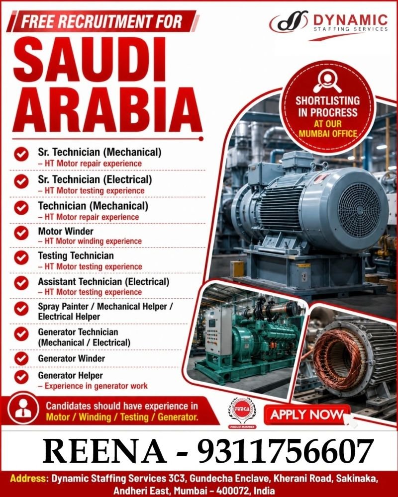 Free Recruitment For Saudi Arabia. Vacancy for long term.project