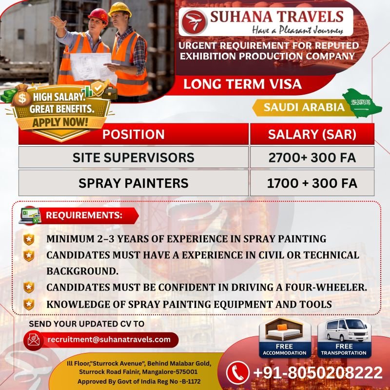 Hiring Site Supervisors and Spray Painters for Saudi Arabia.