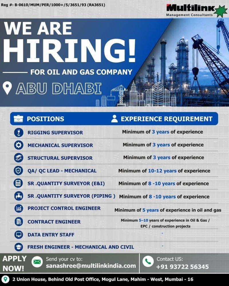 Oil & Gas Jobs in Abu Dhabi 2026 – Multiple Engineering and Supervisory Vacancies
