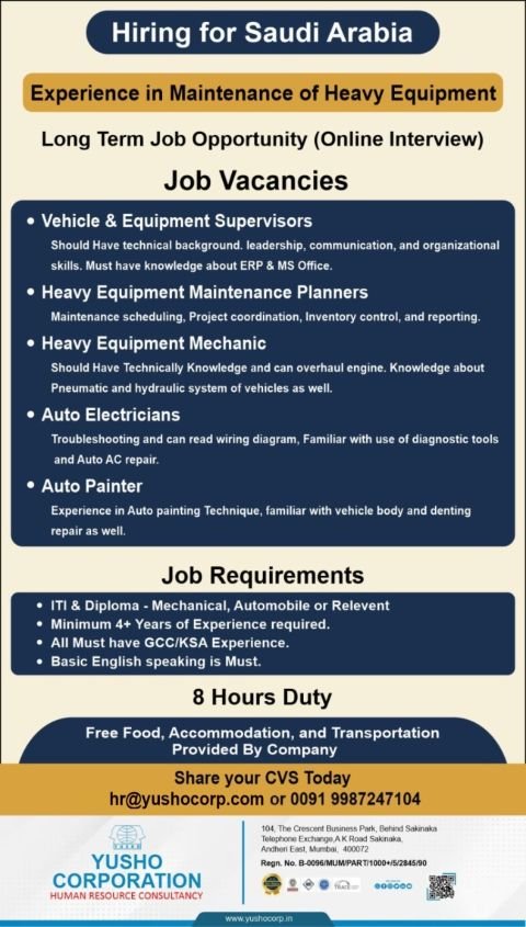 Hiring for Saudi Arabia – Heavy Equipment Maintenance Professionals