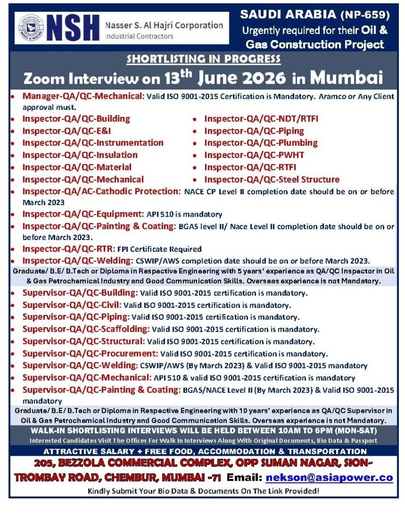 Jobs in Saudi Arabia 2026 – NSH Oil & Gas Construction Project Vacancies