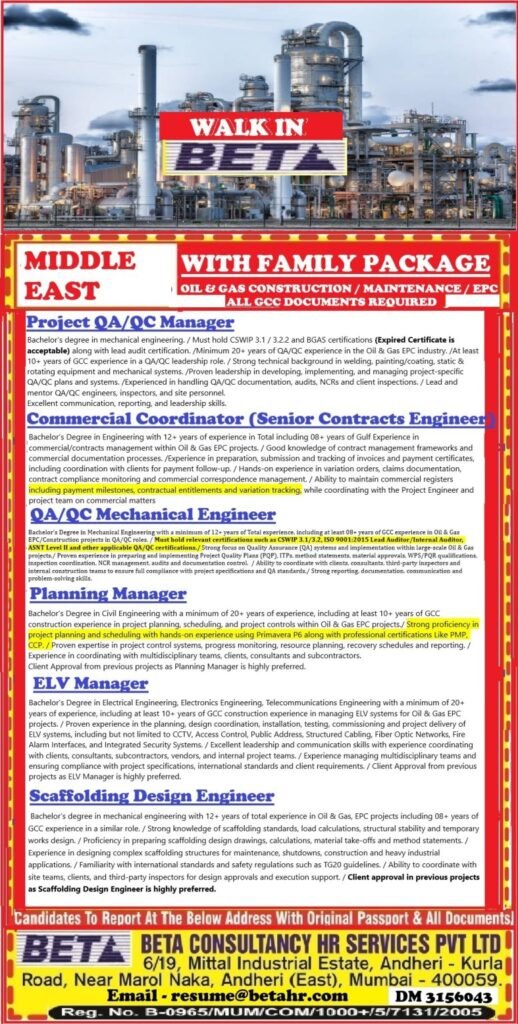 Middle East - Urgent Hiring For Oil & Gas Construcion / Maintenance / EPC Project