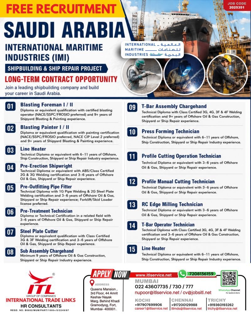 Saudi Arabia Shipbuilding Jobs 2026 – Free Recruitment for International Maritime Industries (IMI)