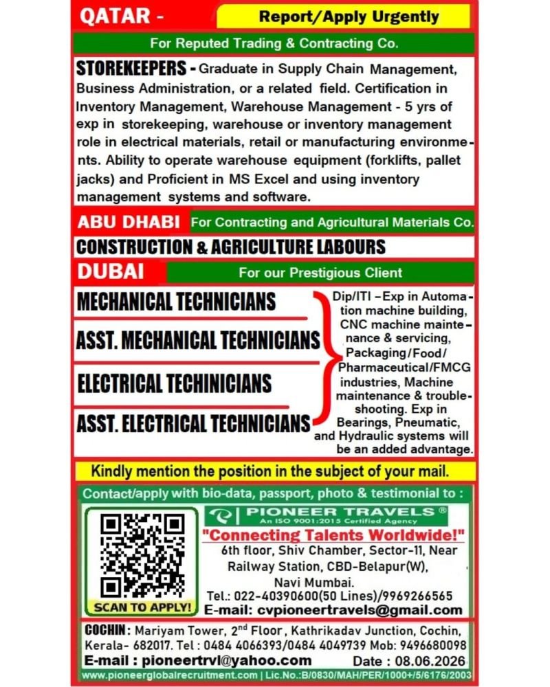 Urgent Hiring For Qatar, Dubai & Abudhabi