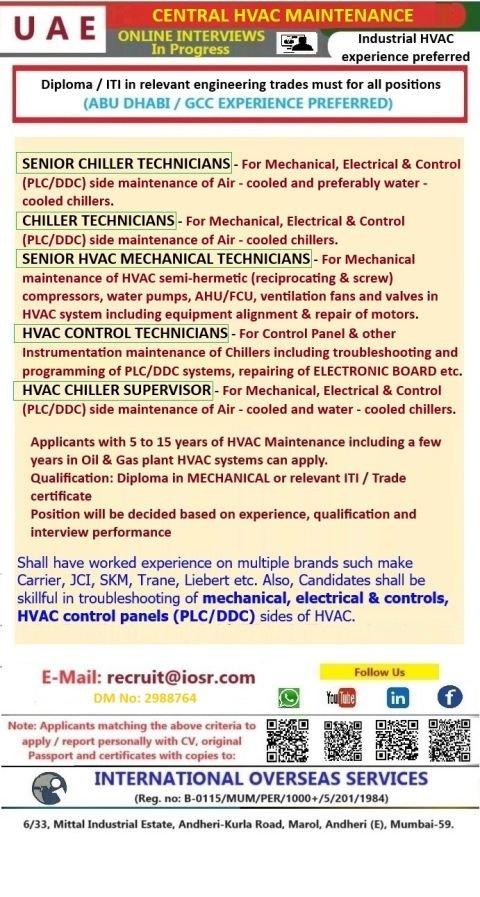 U A E Jobs 2026 - Central Hvac Maintenance Job (Chiller Specialised) Opportunities