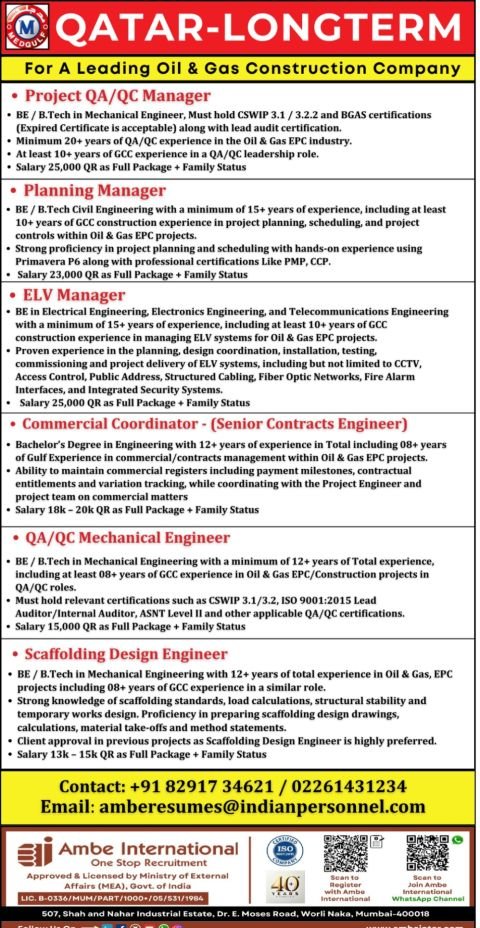 Qatar Oil & Gas Construction Jobs 2026 – Manager & Engineering Vacancies