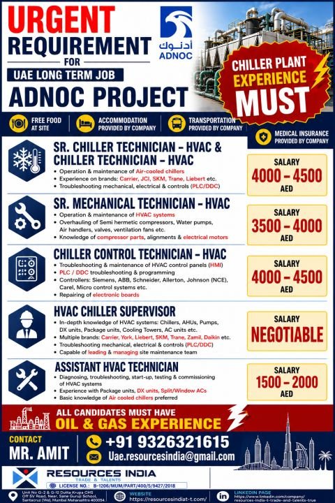 UAE Jobs 2026 – hiring skilled HVAC and Chiller Plant professionals