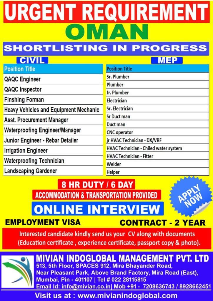 Oman Construction & MEP Jobs 2026 – Engineers, Technicians, Plumbers, Electricians and HVAC Professionals Required