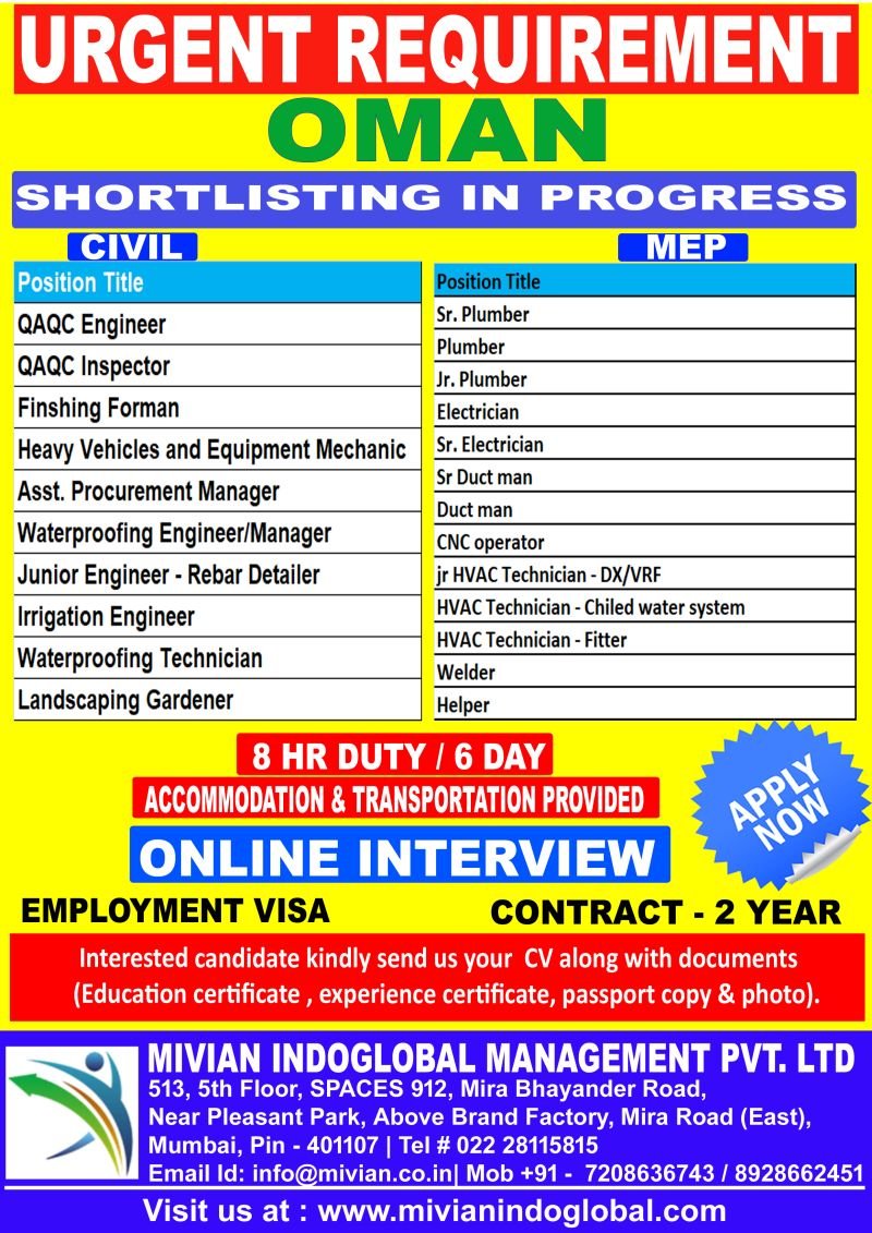 Oman Construction & MEP Jobs 2026 – Engineers, Technicians, Plumbers, Electricians and HVAC Professionals Required