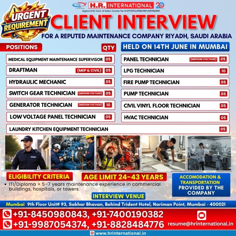 Urgent Hiring for a reputed Maintenance Company - Saudi Arabia 