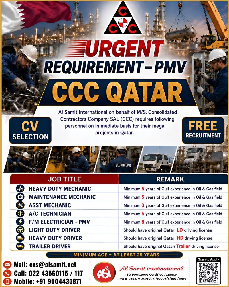 CCC Qatar PMV Jobs 2026 | Free Recruitment for Mega Oil & Gas Projects in Qatar