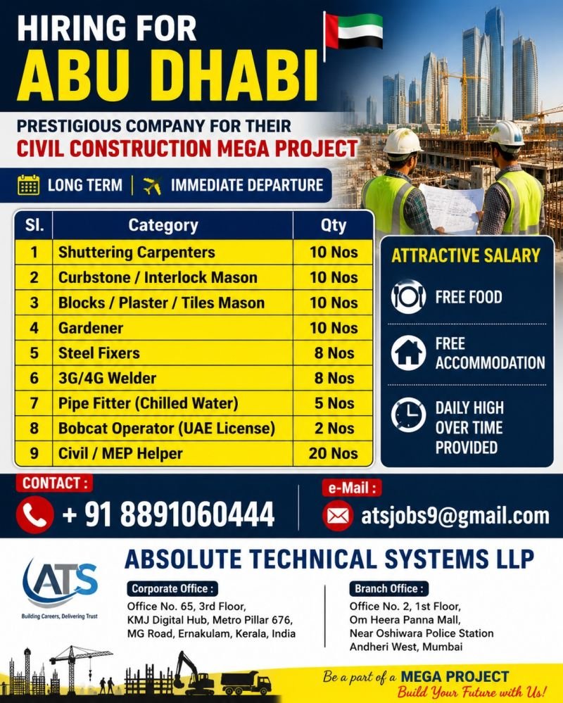Abu Dhabi Civil Construction Jobs 2026 | Immediate Hiring for Mega Construction Project