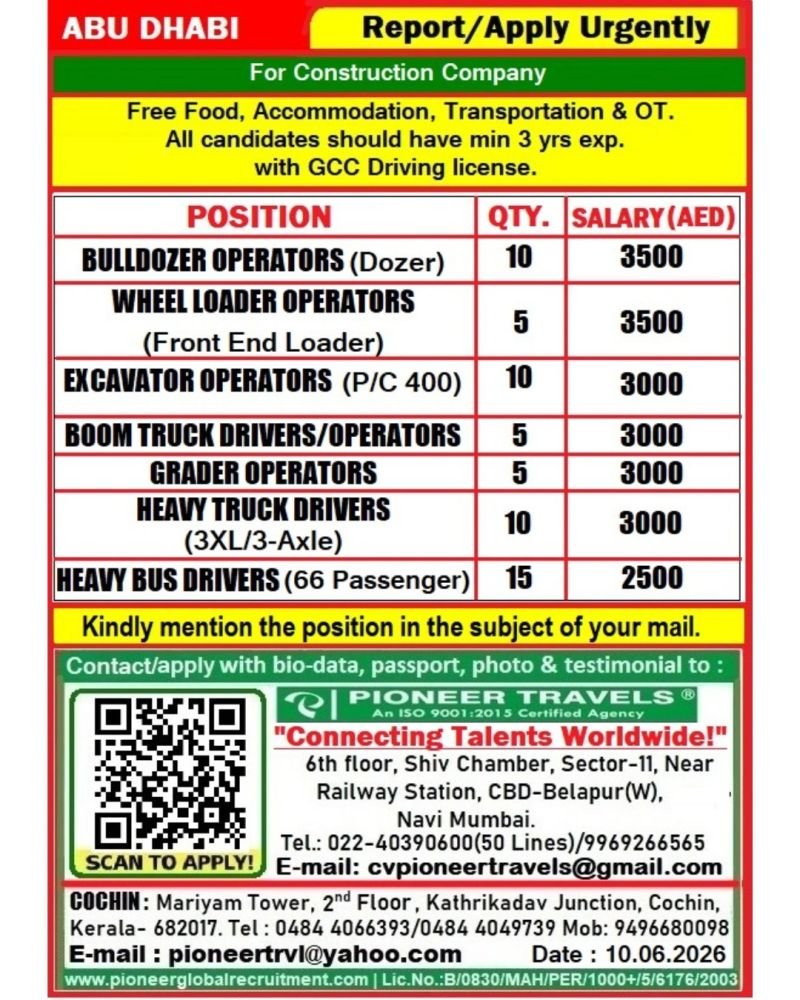 UAE - Urgent Hiring For Abudhabi Construction Company