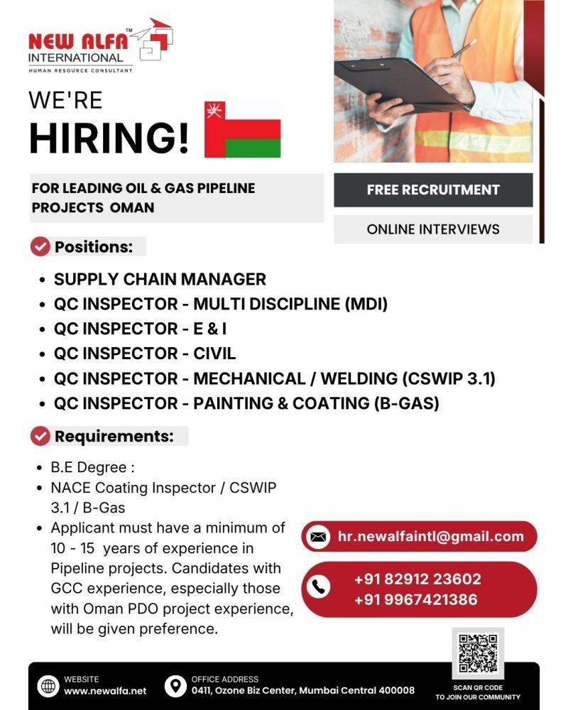 Oman - Hiring For leading Oil & Gas Pipeline Projects 