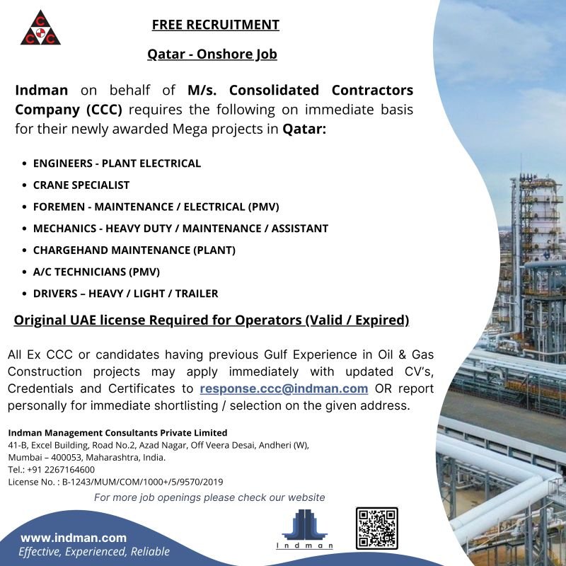 Free Recruitment for CCC Qatar - Onshore Job