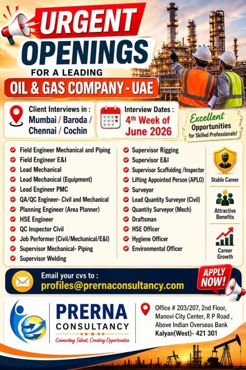 UAE Oil & Gas Company Jobs 2026 | Client Interviews in Mumbai, Baroda, Chennai & Cochin