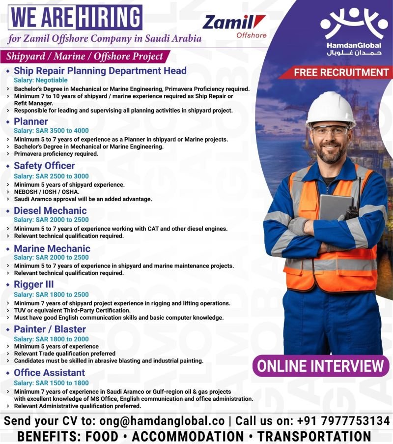 Urgent hiring for Zamil Offshore Company in Saudi Arabia